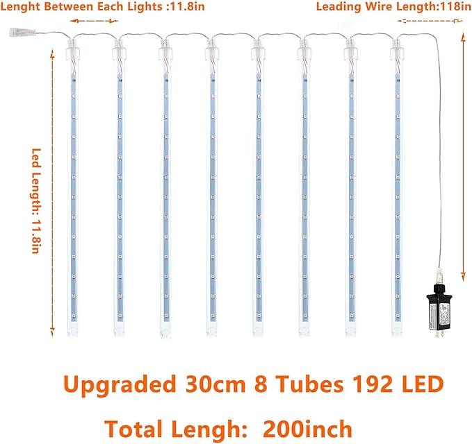 2-Pack Christmas Decorations Lights Outdoor, Total 384LED Meteor Shower Lights Rain Drop Light 30cm 16 Tubes Indoor Outdoor Snow Cascading String Light for Xmas Tree Roof Party Garden (Cool White)