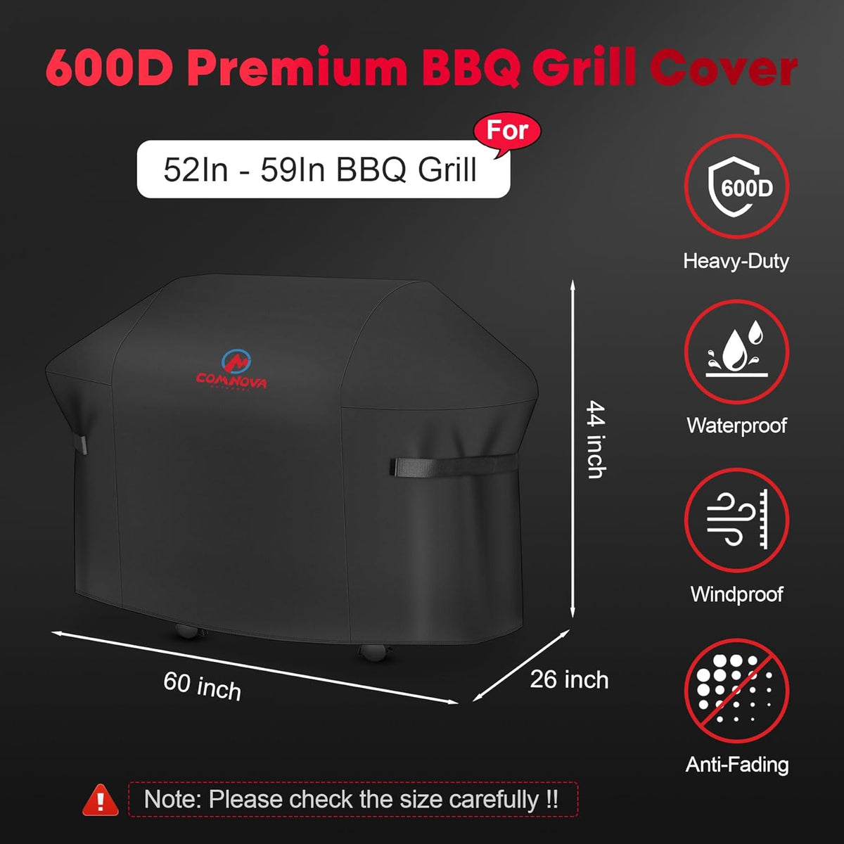 Comnova Grill Cover 60 Inch - 600D Grill Cover for Weber Genesis 300 Series Gas Grill Heavy Duty & Waterproof, Outdoor BBQ Cover for Weber, Char Broil, Dyna-glo, Nexgrill (Not Fit Genesis E325)
