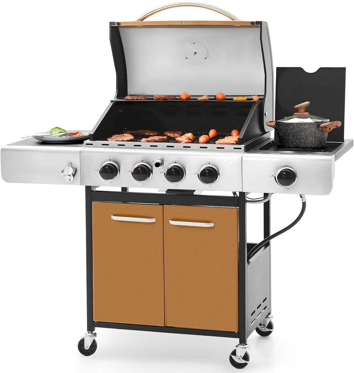 Sophia & William 4-Burner Gas BBQ Grill with Side Burner and Porcelain-Enameled Cast Iron Grates, 42,000BTU Propane Grills Outdoor Cooking Barbecue Grill Cabinet Style, Golden