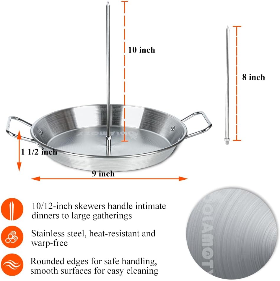 BBQ Vertical Skewer Pan Stainless Steel Gyro Spit Shawarma Stand for oven, Al Pastor Skewer for Grill, El Pastor Hack for Tacos Al Pastor Chicken, Brazilian, with 8",10" stick