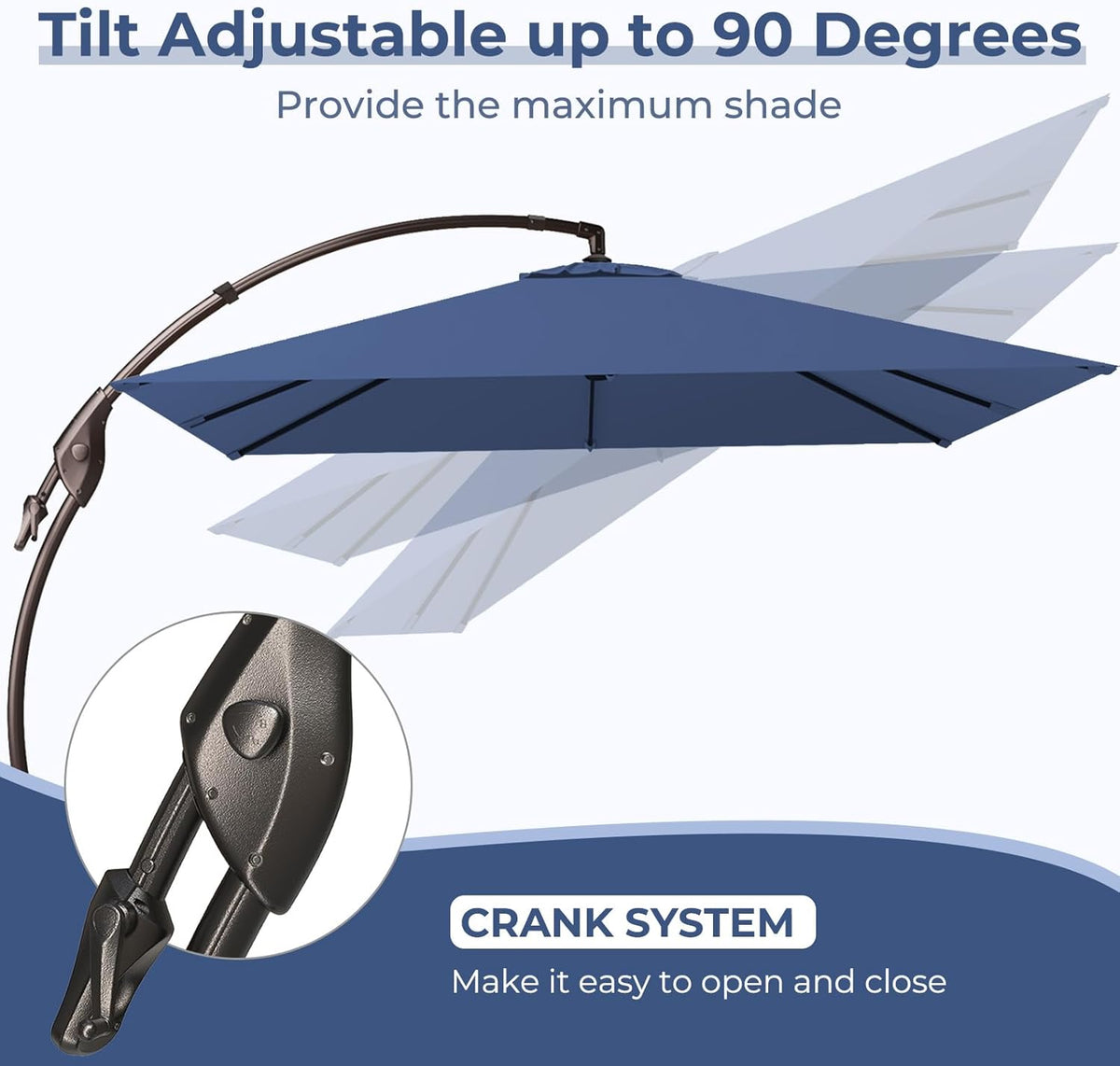 Grand patio 10x10 FT Patio Cantilever Umbrella with Base Outdoor Large Square Tilting Offset Umbrellas for Poolside Deck (Navy Blue, 10x10 FT)