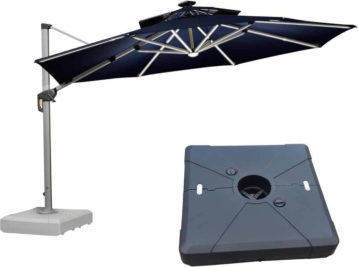 PURPLE LEAF 12ft Patio Umbrella With Base Solar powered LED Cantilever Umbrella with LED lights Windproof Outdoor Offset Umbrella for Garden Deck Pool Patio, Navy Blue