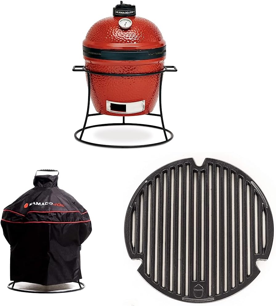 Kamado Joe KJ13RH 13.5 inch Portable Charcoal Grill, Blaze Red - Includes KJ15080420 Grill Cover, Black & Cast Iron Sear Plate (KJ15090620) for Classic Joe and Joe Jr Grills