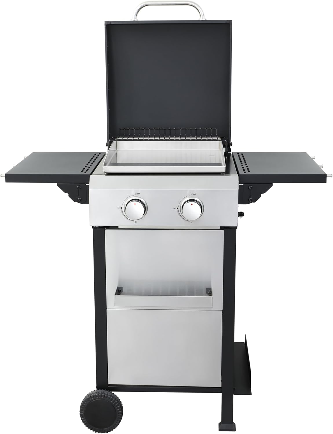 2-Burner Propane Gas BBQ Grill with SS Plancha, 24,600 BTU Output, Wire Enamel Cooking Grids, Foldable Side Table and Hanging Basket, Compact Stainless Steel Grill