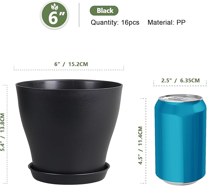 6 inch Plastic Nursery Pots, Seedling Pots, 16 Pack Plant Pots for Small Indoor Outdoor Plants, Flower Pots with Drainage Holes and Saucers, Decorative Planters for House Plants, Black