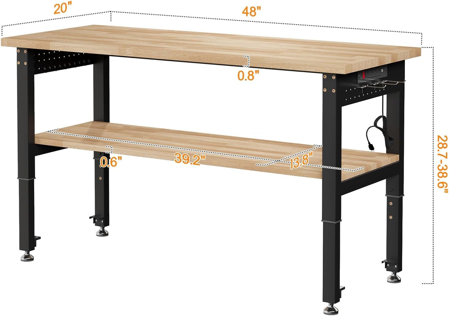 Albott 48" Adjustable 2-Tier Workbench with Solid Wood Top, Max 2000lbs Capacity, Built-in Power Strip with 4 AC Outlets & 2 USB Ports, Pegboard & 20 Hooks, Shop Garage Office