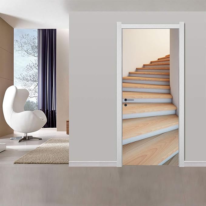 3D Door Stickers Murals - Stairs - Peel & Stick - Waterproof & Washable - Matt Finish - Modern Style - White - 37.4" x 82.7"