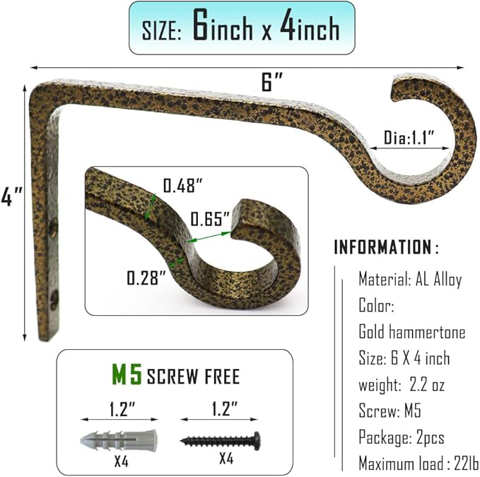 Hanging Plant Bracket 6inch Metal Plant Hook Shepherds Hook Decorative Wall Plant Hanger for Hanging Lanterns, Bird Feeder, Flower Basket, Home Decor Indoor & Outdoor (2, Gold Hammertone)