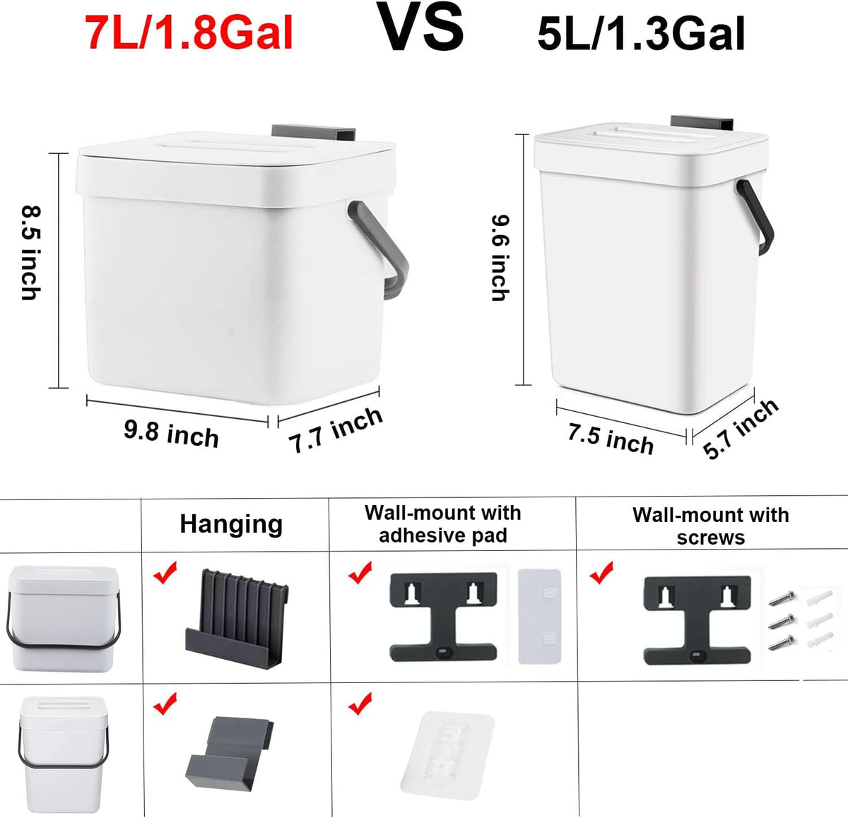 LALASTAR Trash Can with Lid, Wall-Mounted Under Sink Small Garbage Can for Kitchen, Bathroom, Hanging Plastic Trash Can, 1.8 Gallon, White