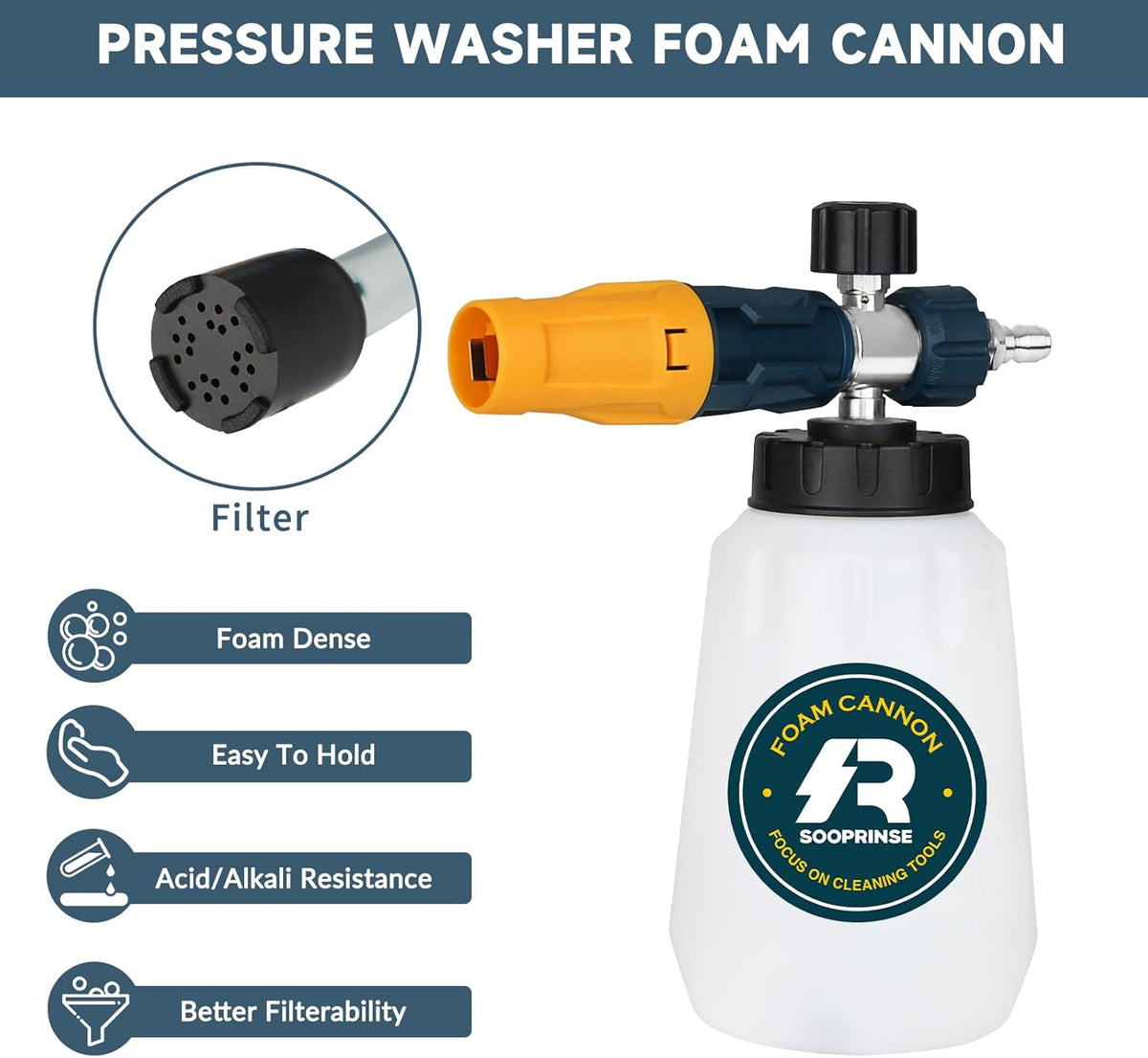 Sooprinse Foam Cannon with 1/4 Inch Quick Connector, Heavy Duty Car Foam Blaster Wide Neck Adjustable Snow Foam Lance for Pressure Washer, 5 Pressure Washer Nozzle Tips, 1 Liter