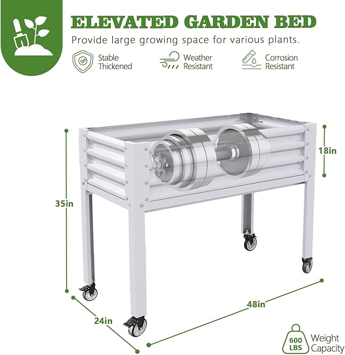 A ANLEOLIFE 3-Set Galvanized Raised Garden Bed with Legs,48x24x35in Large Elevated Planter Box on Wheels with Drainage Holes for Backyard, Balcony, Patio, 600lb Capacity, Antique White