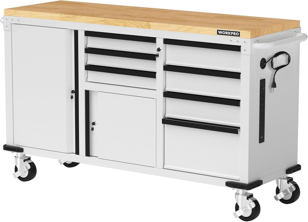 WORKPRO 62" x 20" 7-Drawer & 2-Door Rolling Tool Chest, Mobile Tool Storage Cabinet with Power Strip, Locking System, Heavy Duty Rolling Cabinet for Garage, Warehouse & Kitchen, 1000 lbs Capacity