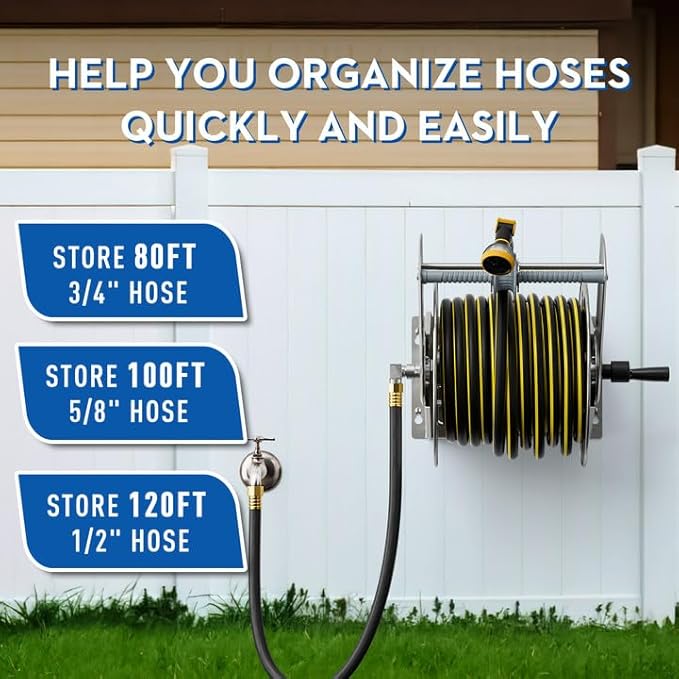 GREENER Stainless Steel Hose Reel for Outside,Wall Mount Garden Hose Holder Heavy Duty Metal Reel, 3/4" Solid Connector with 5/8" Inlet Hose and Crank,100-Feet 5/8" Hose Capacity