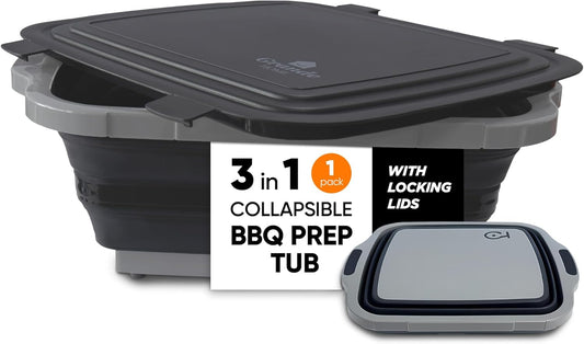 BBQ Prep Tub Collapsible X-Large with Cutting Board, Locking Lid – Meal Prep Food Prep Containers with Lids for Resting Meat –3 Adjustable Height - Ideal for Camping, Picnic, Dish Basin