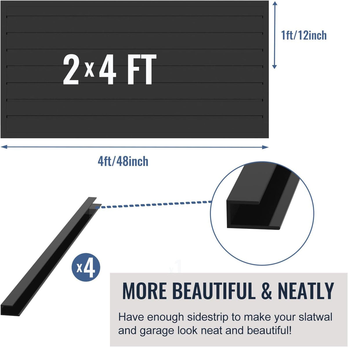 Slatwall Panel Garage Organizer PVC Slatwall Heavy Duty Wall Mounted Rack, Interlocking Slat Wall Panels for Tool Organization Peg Board (Black 4 x 2 ft)