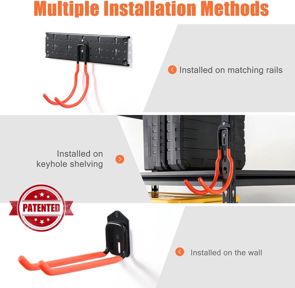 Ultrawall Multi-Storage Garage Hooks, Utility Rack with Multiple Installation Methods, Wall-Mounted Garden Tool Organizer System for Shovels, Rakes, Ladders,17pcs