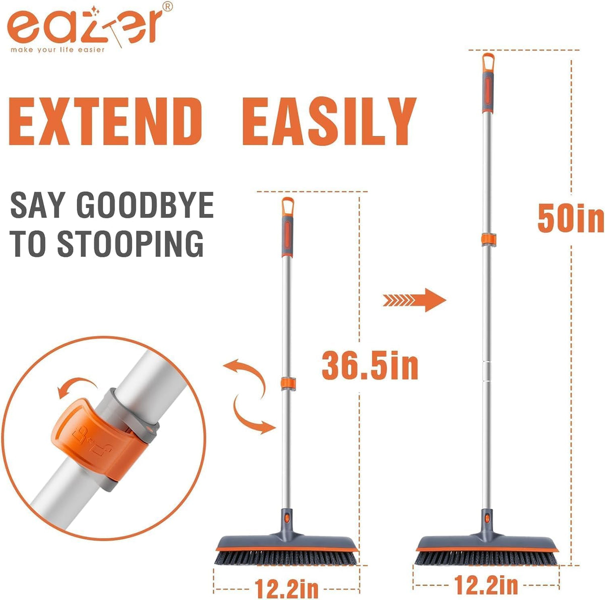 Eazer Floor Scrubber Brush, 2-in-1 Deck Scrubber Brush with Long Handle, Soft & Hard Bristle Brush for Cleaning Concrete, Squeegee Broom for Floor,Bathroom Garage,Kitchen,Wall,Tile and Swimming Pool