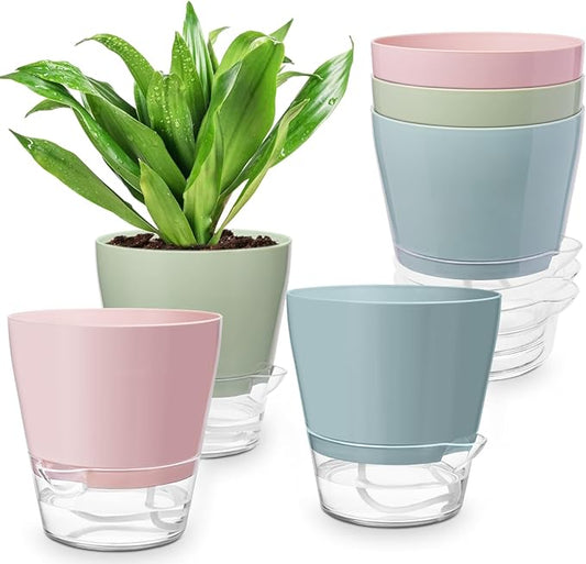 Hayder Plant Pots 6 inch Set of 6, Self Watering Flower Pots Indoor Outdoor, Self Watering Planters with Drainage Hole & Clear Saucer Reservoir