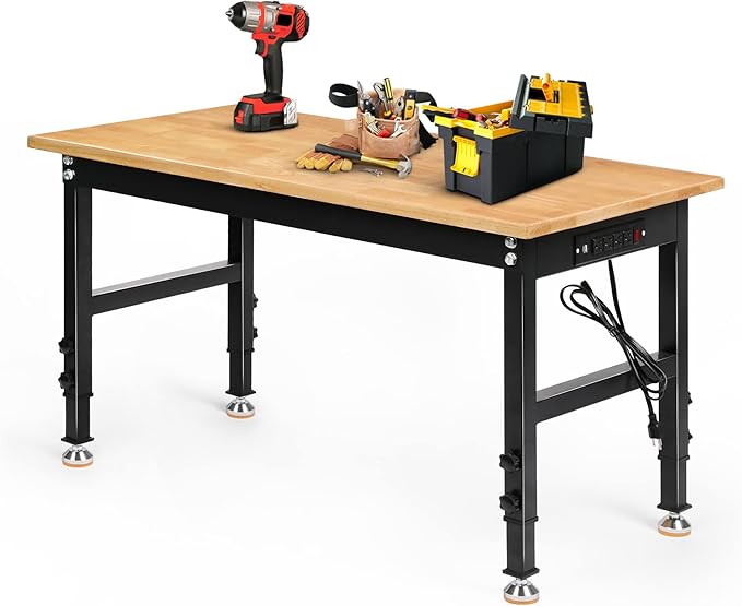 Adjustable Height Workbench, 48" Rubber Wood Top Heavy Duty Workstation with Power Outlets, 2000 LBS Load Capacity Hardwood Worktable for Workshop, Garage, Office, Home, Commercial