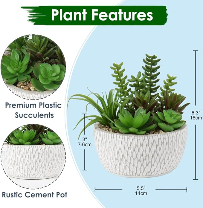 Briful Small Fake Plants Assorted Faux Succulents in Pots Realistic Succulents Plants Artificial with Cement Pots for Home Table Office Desk Bathroom Shelf Living Room Decor