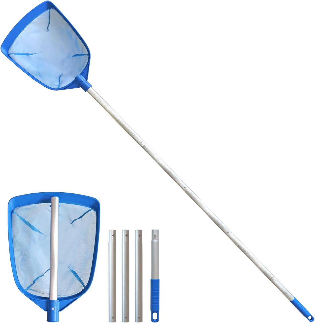 Poolvio Swimming Pool Leaf Skimmer Net, with 5 Sections Telescopic Aluminum Pole & Nylon Medium Fine Mesh Pool Net, Pool Cleaning Tool for Removing Leaves & Debris