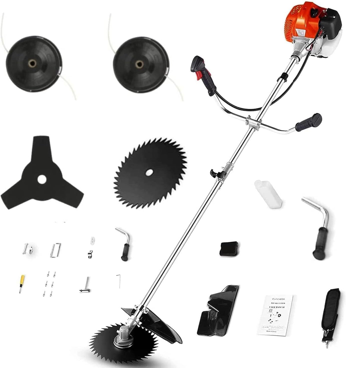 COOCHEER Brush Cutter Gas Powered 58cc, 4 in 1 Weed Wacker, 2-Cycle String Trimmers Gas Brush Cutter Straight Shaft Gas Grass Trimmer for Lawn and Garden Care Trimming, Red