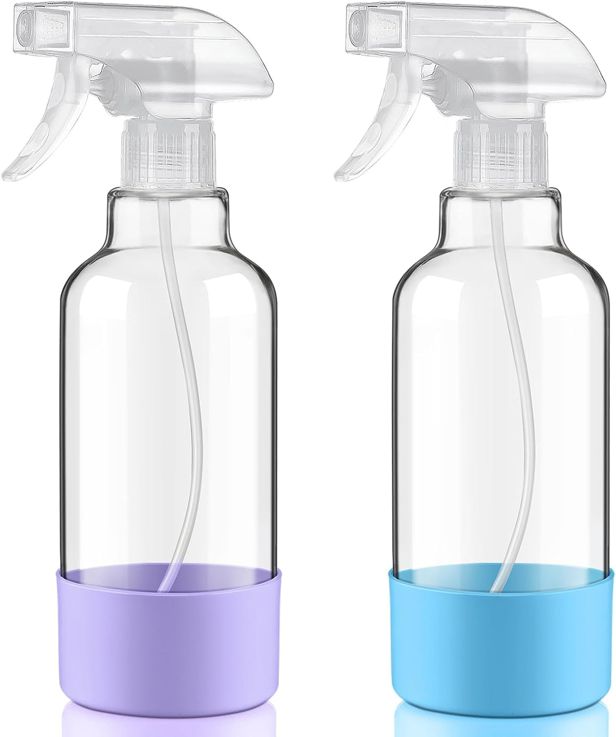 Glass Spray Bottles with Silicone Sleeve 16.9oz 2 Pack Empty Spray Bottle for Hair Mist/Stream Spraying for Cleaning Solutions, Plants, Essential Oils (clear-sblue&purple)