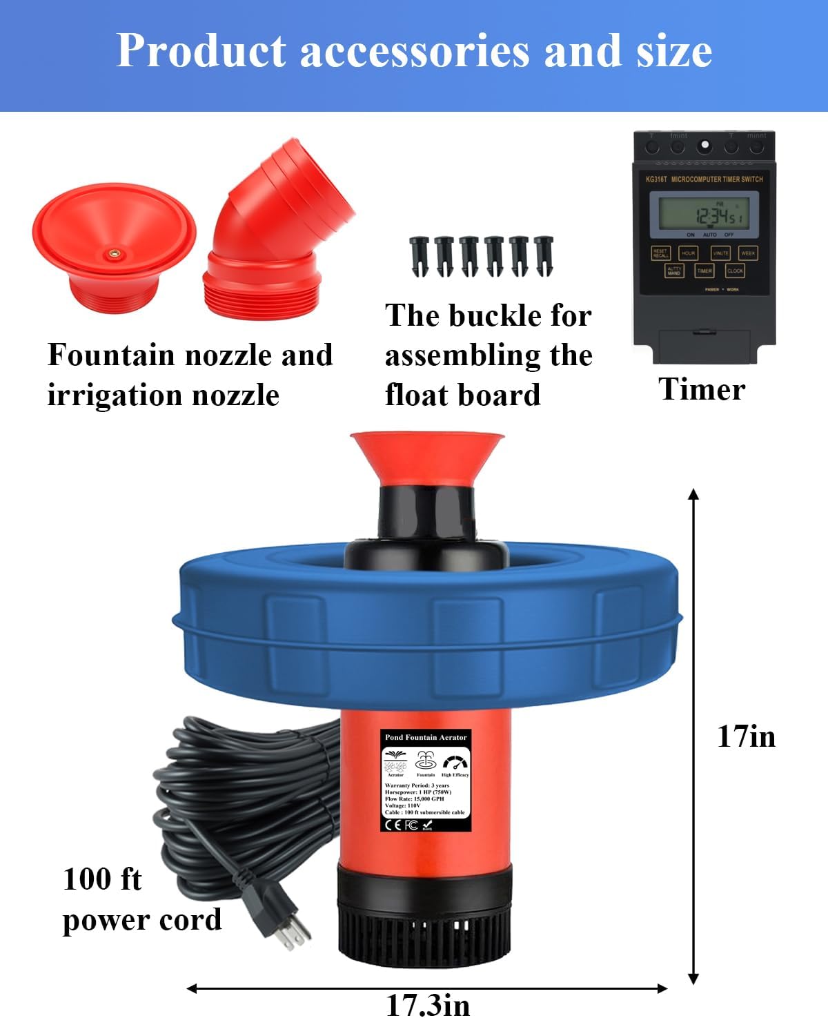 Pond Fountain Aerator 1HP 750W, 110V Floating Fountain with 100FT Power Cord & Digital Timer, 15,000 GPH Water Circulation, 2 Nozzles for Large Ponds, Lakes, Irrigation & Outdoor Water Features