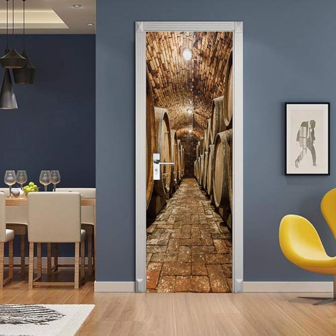 3D Door Stickers Murals Peel and Stick - Wine Cellar - Door Wallpaper Self-Adhesive Door Decals Removable PVC Waterproof Door Poster for Bedroom Living Room Door Decoration 35.4" x 78.7"