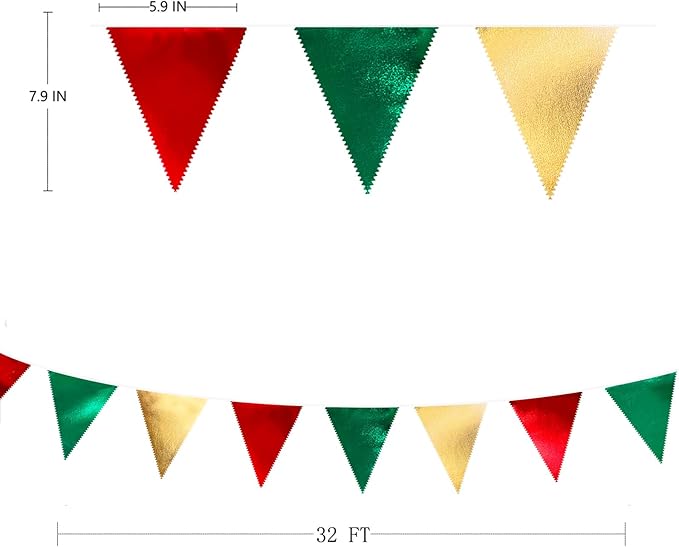 Christmas Party Decorations Triangle Pennant Banner Flag Red Green Gold Metallic Fabric Bunting Garland for Xmas Holiday Wedding Bridal Shower Birthday Bachelorette Graduation New Year Party Supplies