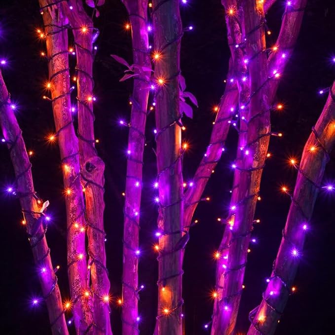 2 Pack 200 LED Solar Halloween Lights Outdoor Waterproof, Solar String Lights for Outside, Solar Tree Light with 8 Lighting Modes for Xmas Party Garden Yard Halloween Decorations (Orange and Purple)