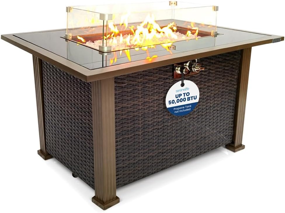 SereneLife 43.5-Inch Outdoor Propane Fire Pit Table – 50,000 BTU, Tempered Glass Wind Guard, Sliding Door, Auto-Ignition, Stainless Steel Burner, Waterproof Cover – Ideal for Patio, Garden & Backyard