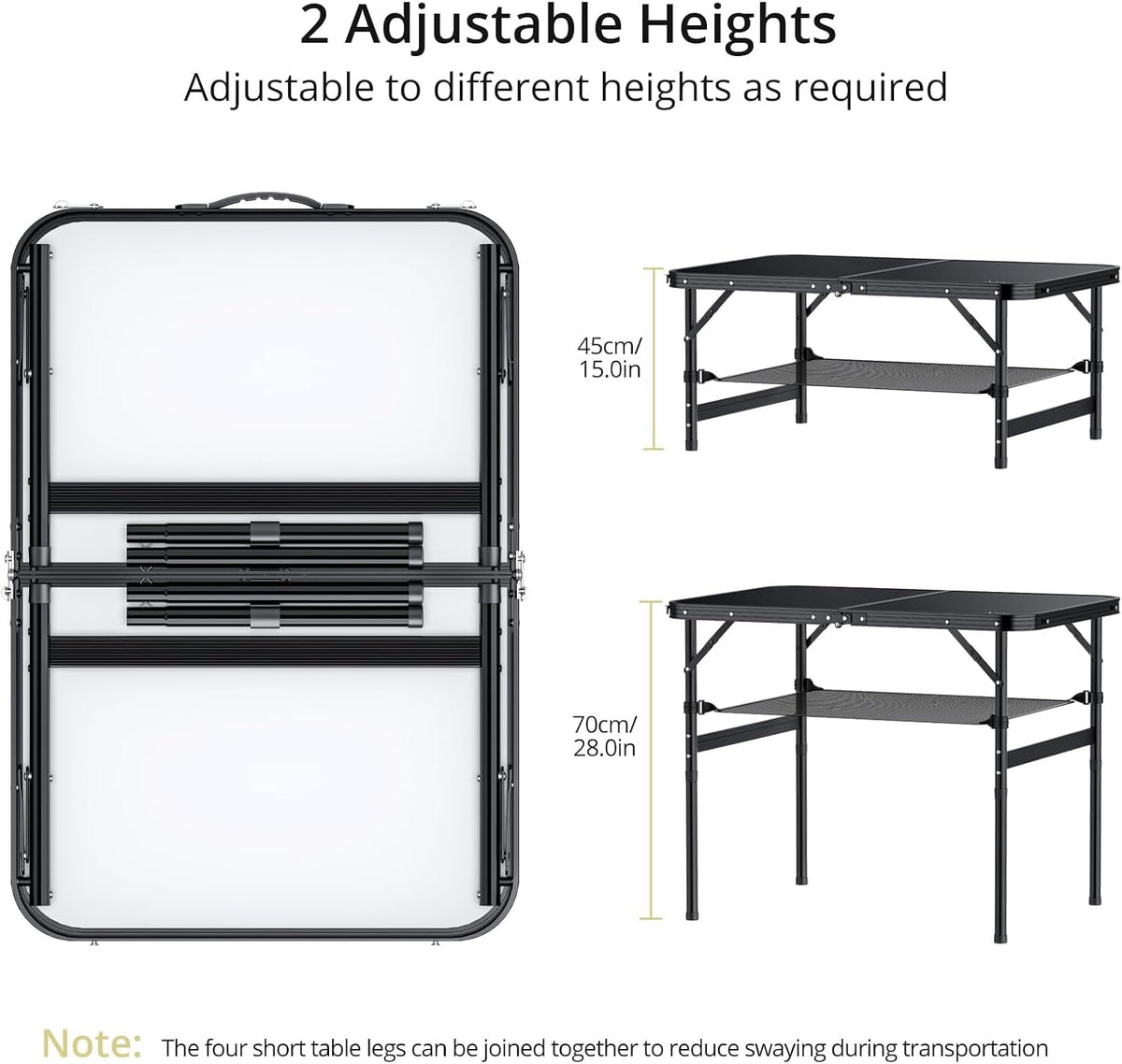 Folding Camping Table, 36" x 24" Portable Table Adjustable Height Max 28 inch Aluminum Folding Table with Storage Net, Lightweight, Portable Handle for Travel, Outdoor, Backyard (Black)