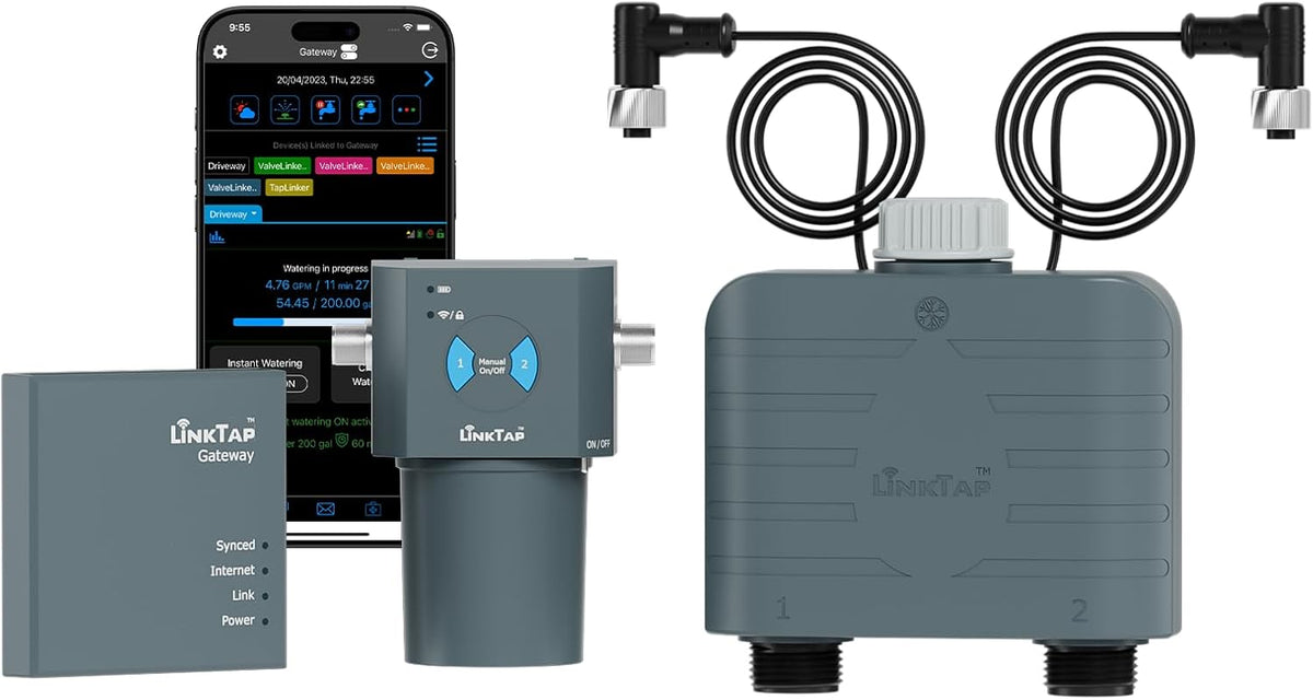 LinkTap T1 Smart 2-Zone Water Timer & Gateway, Built-in Flow Meters, Real-Time Fault Detection & Notification, Weather Adaptive, Better Range Than WiFi Hose Timer, IP66, Alexa, 2-Year Warranty