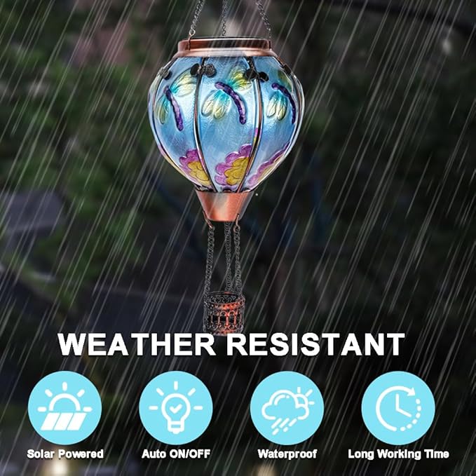 2PC Hot Air Balloon Solar Lantern with 2PC Shepherd Hook, Flickering Flame Hanging Solar Lanterns Outdoor Lights Waterproof Lanterns Decorative Garden Patio Yard Party Decor (Dragonfly)