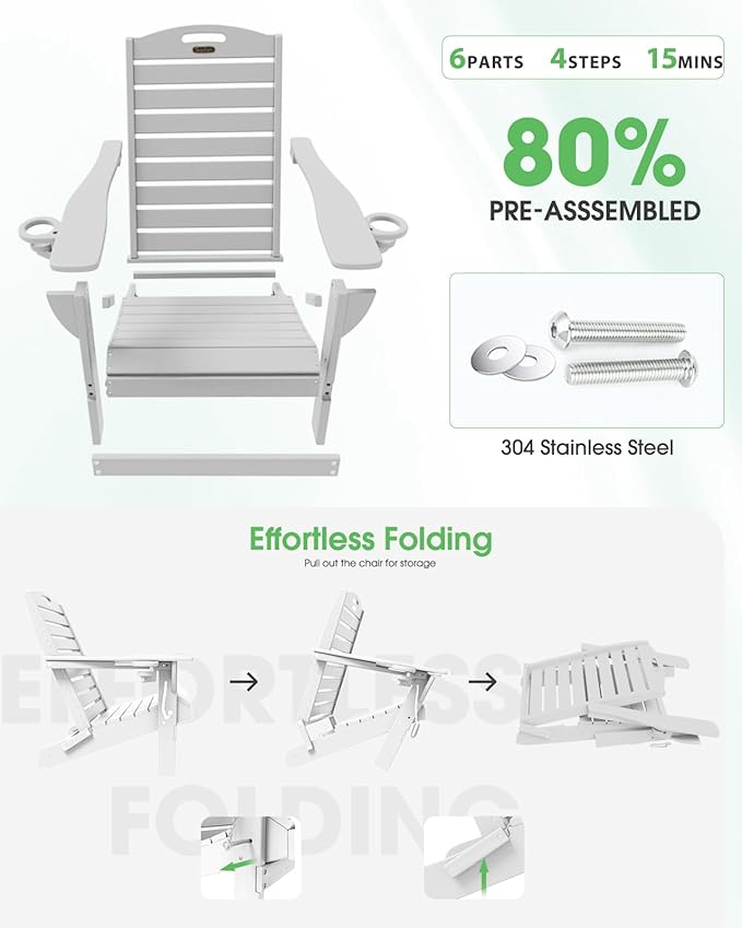 Adirondack Chairs Set of 2, Outdoor Fire Pit Chairs, HDPE All-Weather Adirondack Chairs with Cup Holder, Lawn Chair for Deck, Patio, Garden (White)