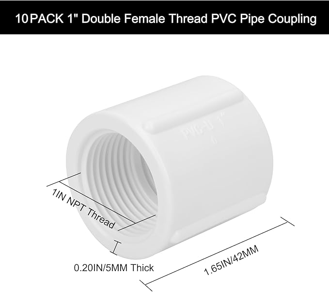 10Pack 1" Double Female Thread PVC Pipe Coupling Adapter Pipe Fitting Connector (Female x Female) SCH40 1Inch PVC Female Threaded Pipe Coupling for Sprinkler,Irrigation,Swimming Pools