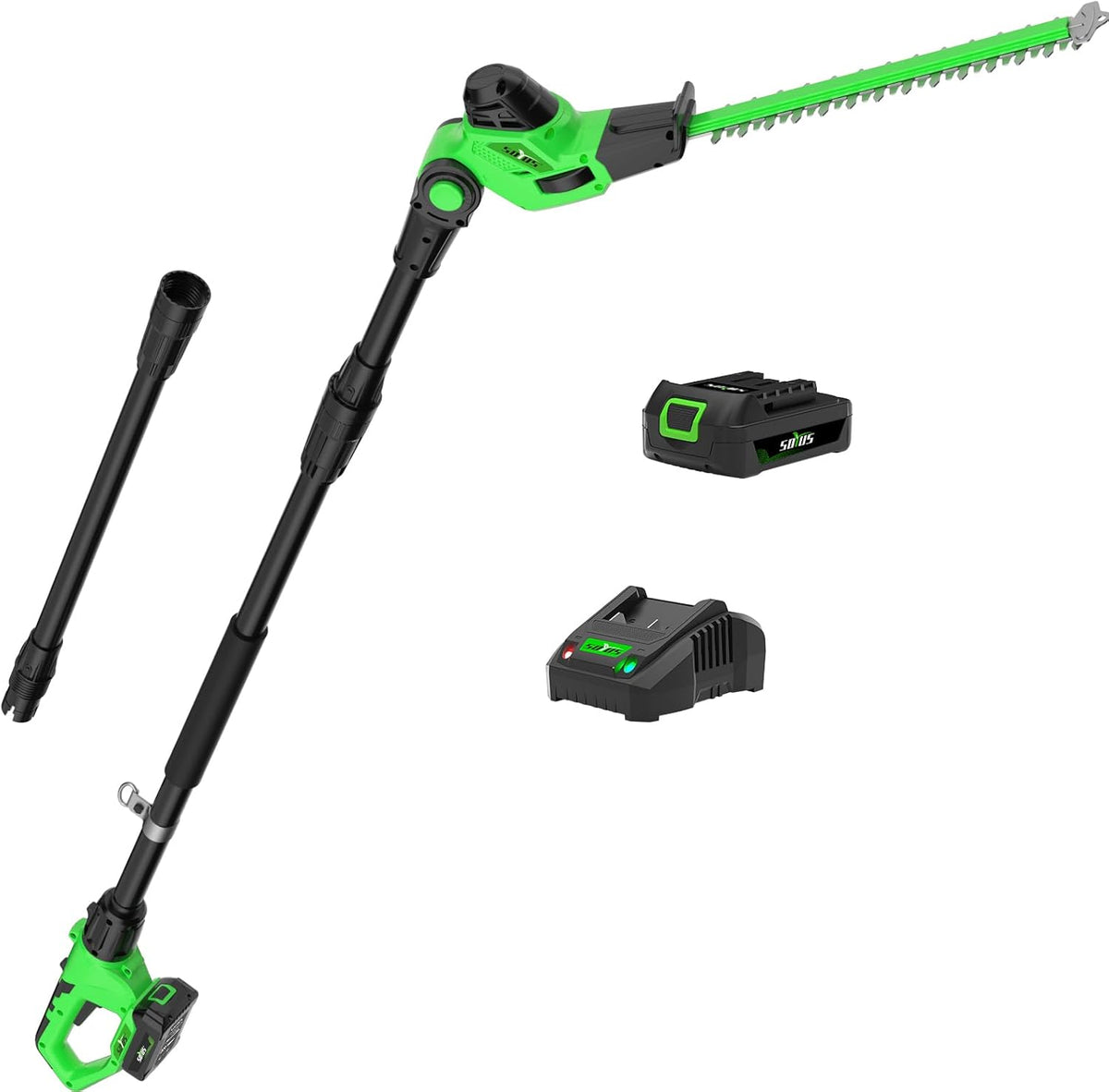 SOYUS Pole Hedge Trimmer Cordless, 18-inch Electric Hedge Trimmer with Extension Pole, 15-Foot Max Reach, Multi-Angle, 2.0Ah Battery and Charger Included