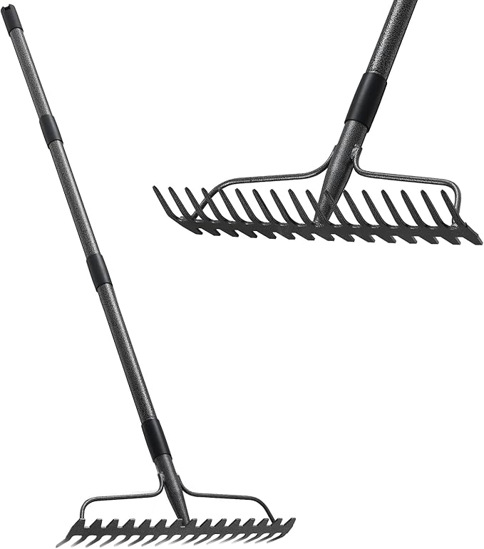 Bow Rakes for Lawns, 17 Prongs 17" Wide Heavy Duty Metal Garden Rake Long Handle 50", Adjustable Rock Yard Thatch Rake for Leaves Gardening Loosening Soil Mulch Gathering Leaf