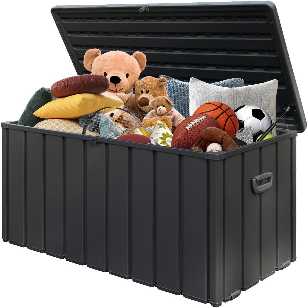 Domi 100-Gallon Outdoor Storage Box – Waterproof, Lockable Storage Cabinet With Resin Lid for Patio Furniture, Garden Tools & Pool Supplies – Large Metal Storage for Cushions, Toys & More