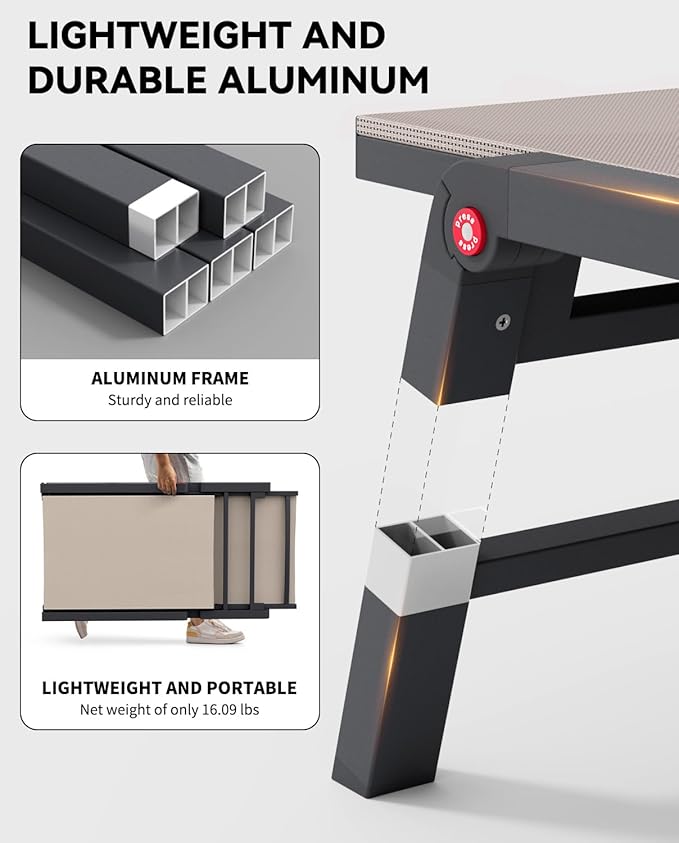 Aluminum Chaise Lounge Chair Outdoor, Foldable Patio Lounge Chair Assemble-Free, Pool Lounge Chairs with 5 Adjustable Backrest, Outdoor Lounge Chairs for Outside Poolside Beach Lawn Beige