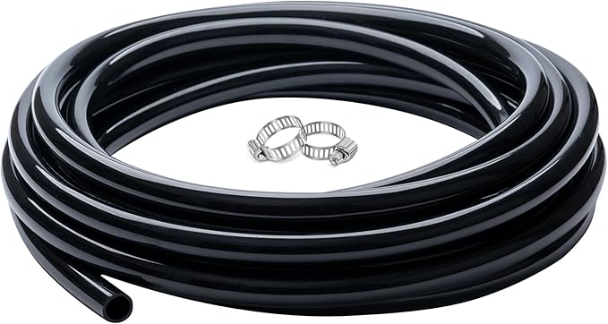 3/8" id - 10ft Black Vinyl Tubing Flexible PVC Tube Hybrid Hose Transfer Water Fuel Gas for Pond Fountain Garden Waterfall, Durable and Safe, with 2 Hose Clamps