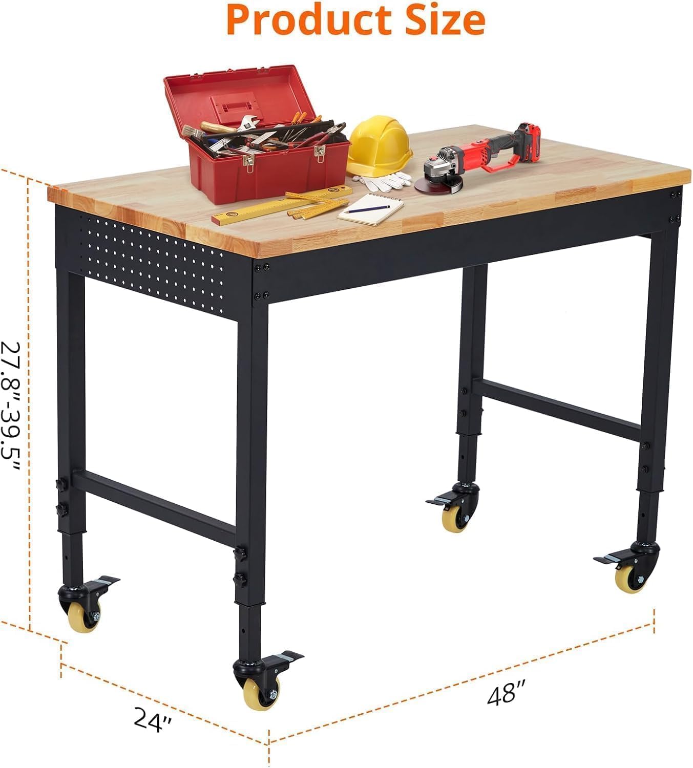 48x24 Inch Garage Workbench with Wheels, Adjustable Rubber Wood Top Garage Workbench with Power Outlet, 2000 Lbs Load Capacity for Workshop, Woodworking, Office