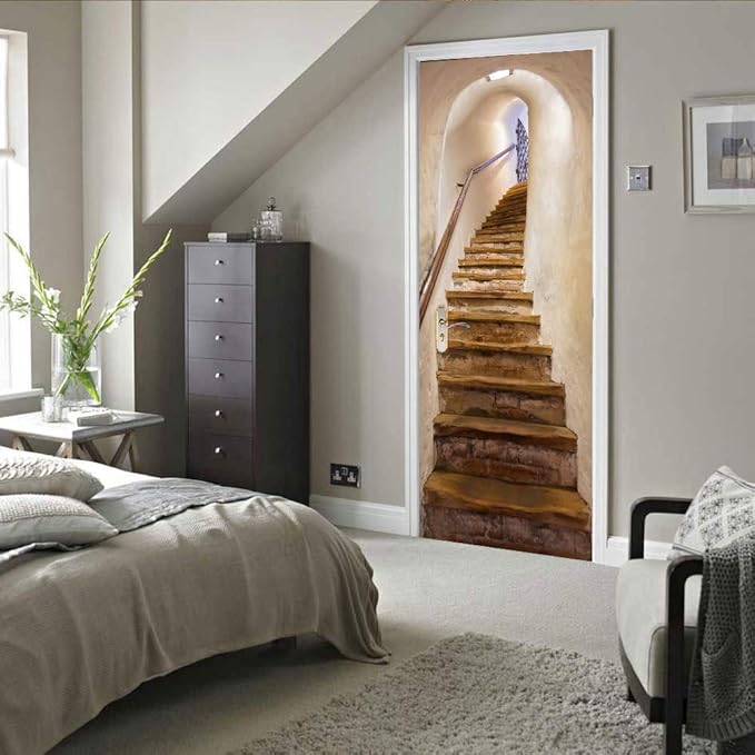 3D Door Stickers Murals - Stairs - Door Wallpaper - Self-Adhesive - Removable - PVC - Waterproof - Matt Finish - Modern - Beige