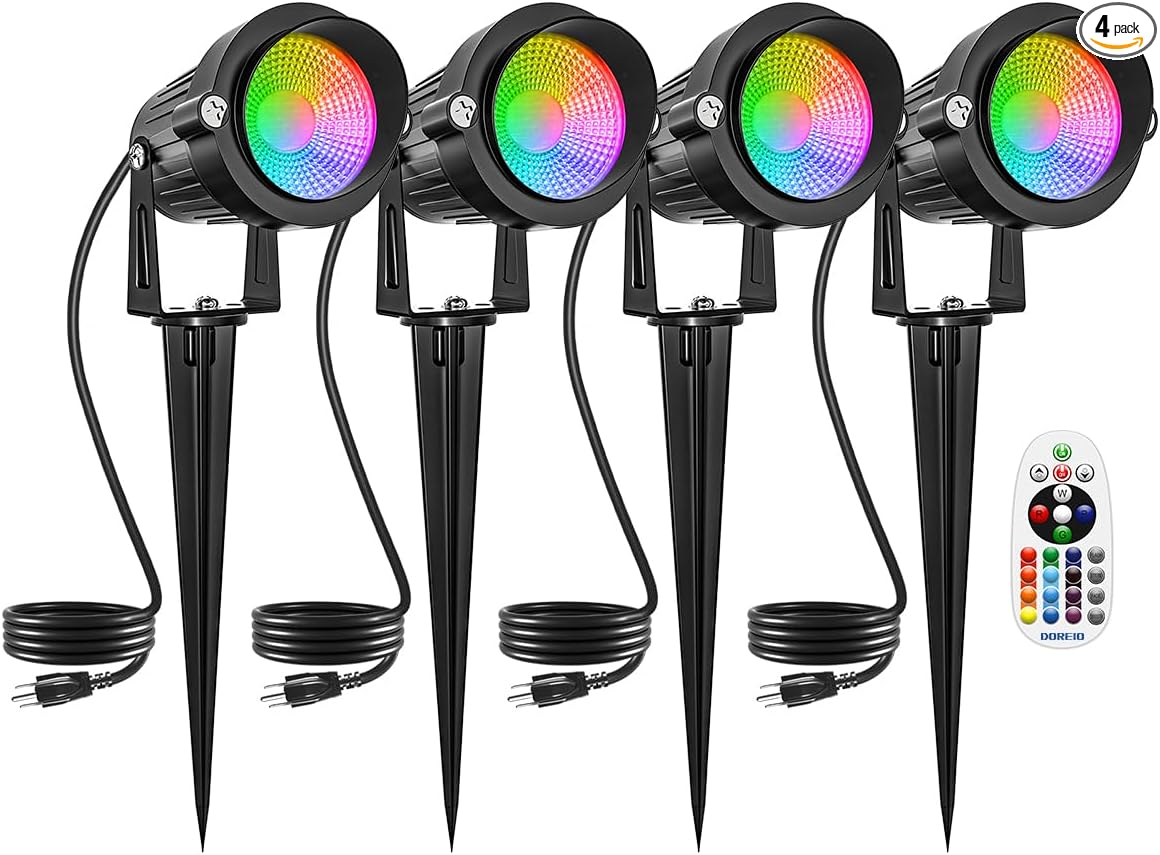 Christmas RGBW Outdoor Spotlights for Yard,10W Color Changing Landscape Lights with Remote Control 120V LED Landscape Lighting Waterproof Spotlight with Plug Tree Garden Path Decoration (4Pack)