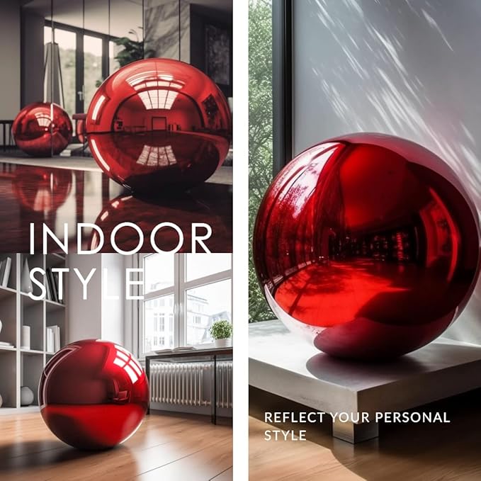12 Inch Stainless Steel Gazing Globe,v2croft Hollow Ball Mirrored Surface Polished Shiny Sphere,Garden Stainless Steel Gazing Ball for Outdoor Lawn Pond Yard Ornament(red)