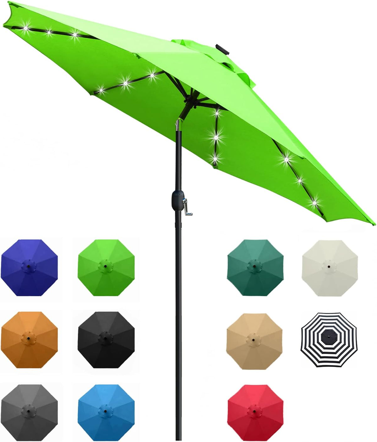 Sunnyglade 9' Solar LED Lighted Patio Umbrella with 8 Ribs/Tilt Adjustment and Crank Lift System (Grass Green)