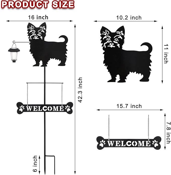 BAYN Solar Yorkie Silhouette Dog Breed Welcome Sign with a Lantern Outdoor Decorative Garden Stakes for Yard, Lawn, Patio, Pathway
