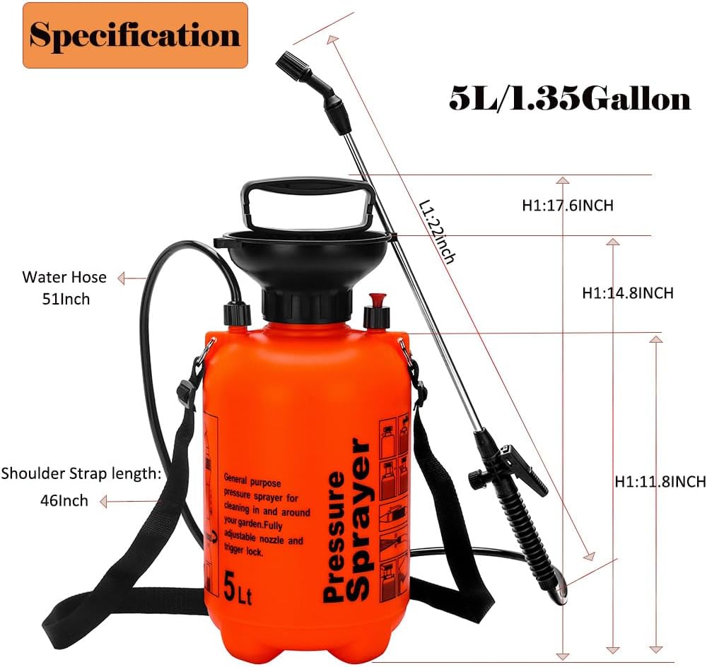 NewBeeclassic 1.3Gal/5L Garden Sprayer, Pressurized Water Spray Bottle with Adjustable Shoulder Strap Pump Pressure Sprayer for Weeds, Lawn Care & Pesticides (Orange)