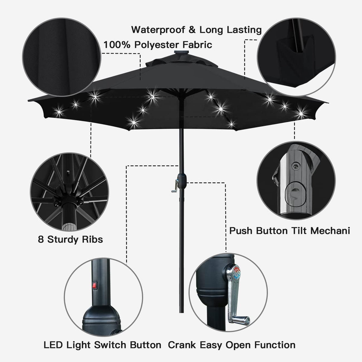 Sunnyglade 9' Solar LED Lighted Patio Umbrella with 8 Ribs/Tilt Adjustment and Crank Lift System (Black)